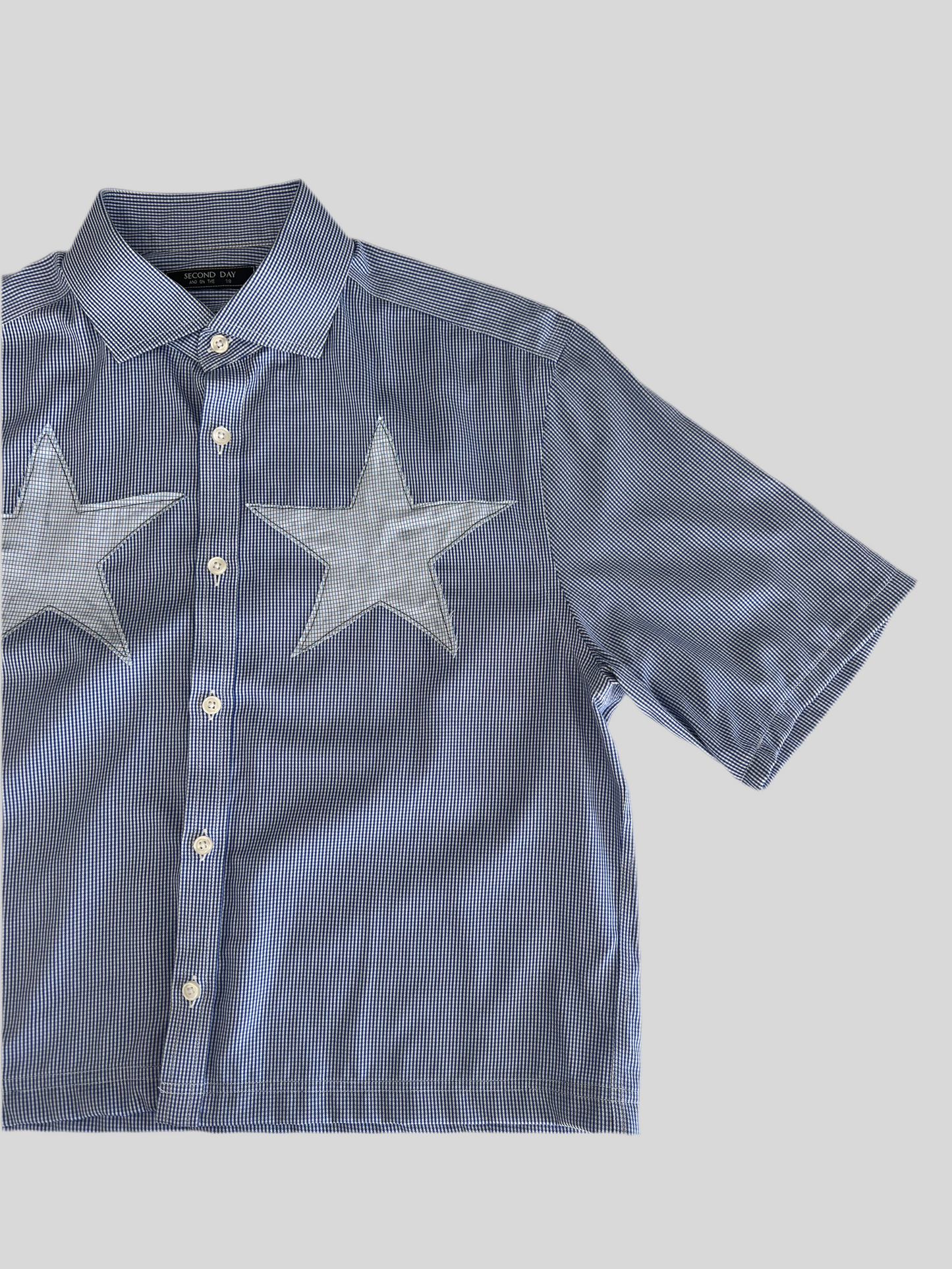 Reworked Blue Star Patch Cropped Button Up Collar Shirt