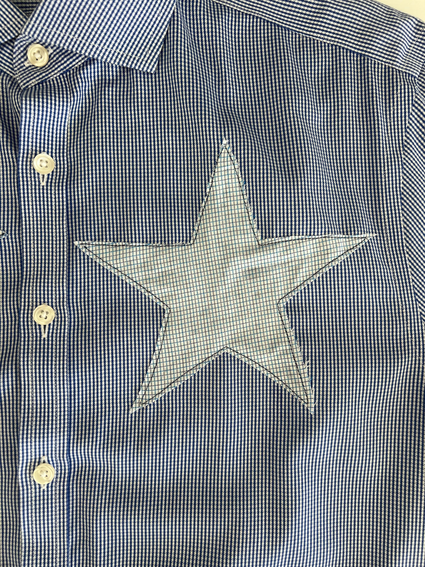Reworked Blue Star Patch Cropped Button Up Collar Shirt