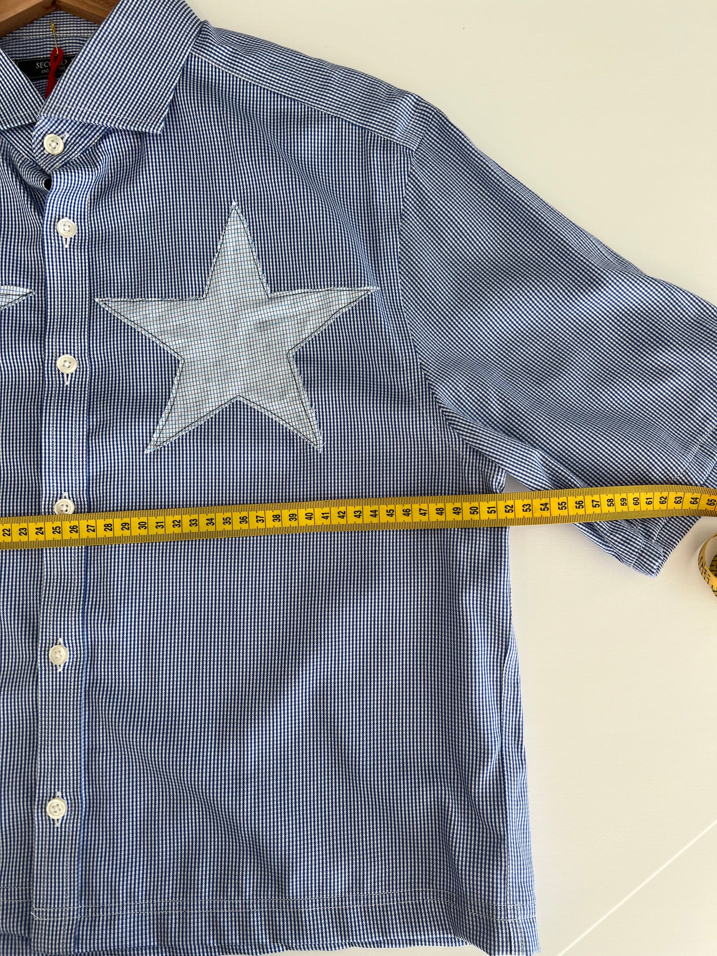 Reworked Blue Star Patch Cropped Button Up Collar Shirt