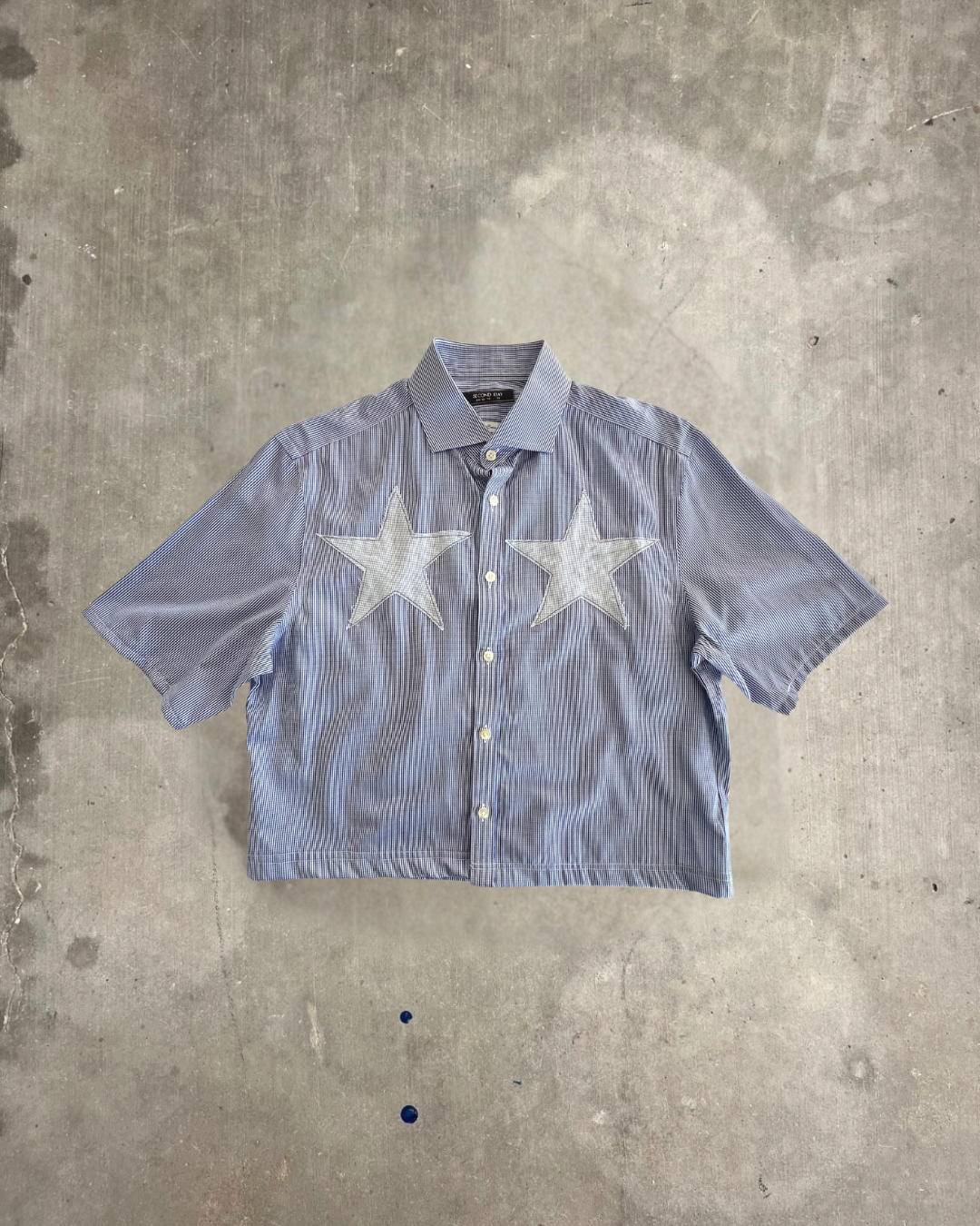 Reworked Blue Star Patch Cropped Button Up Collar Shirt