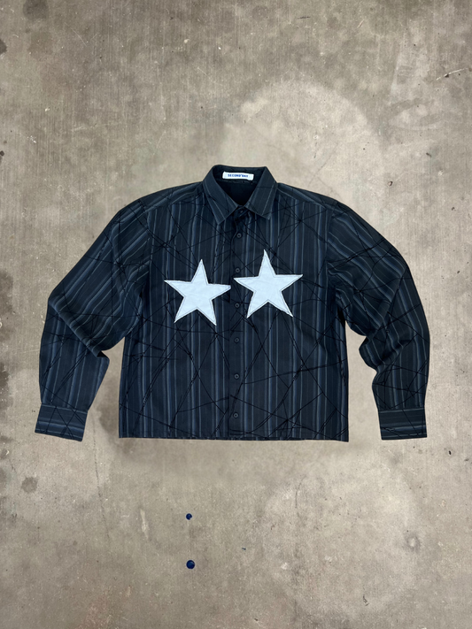 Boxy Fit Black Stripe Button Up Star Shirt