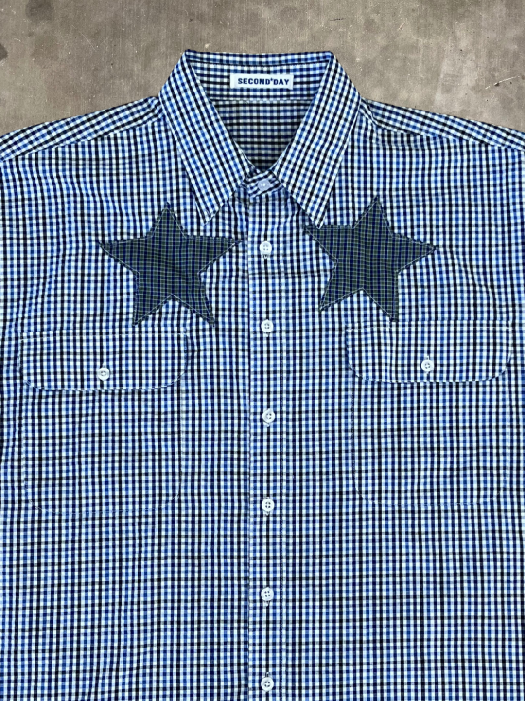 Boxy Fit Blue Check Button Up Star Shirt