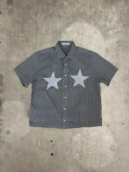Boxy Fit Grey Stripe Button Up Star Shirt