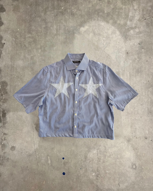 Reworked Blue Star Patch Cropped Button Up Collar Shirt