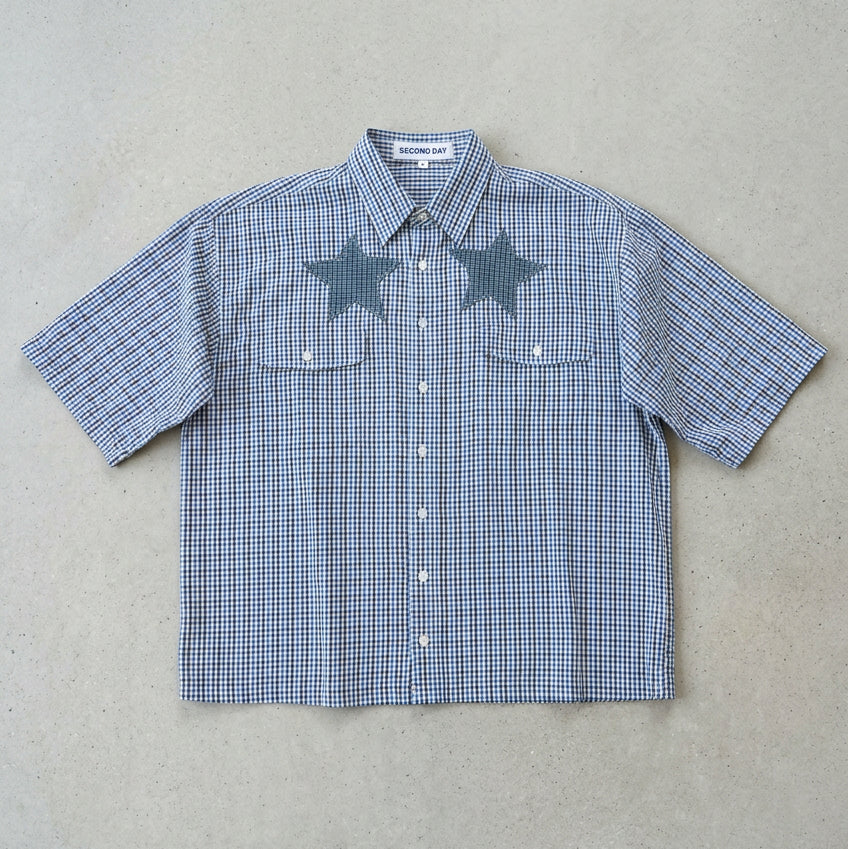 Star Patch Check Blue Short Sleeve Shirt