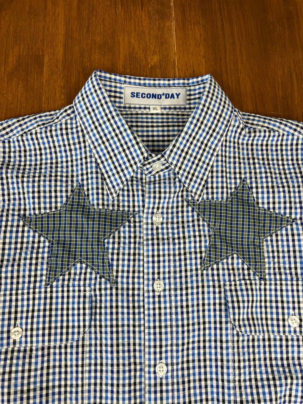 Star Patch Check Blue Short Sleeve Shirt